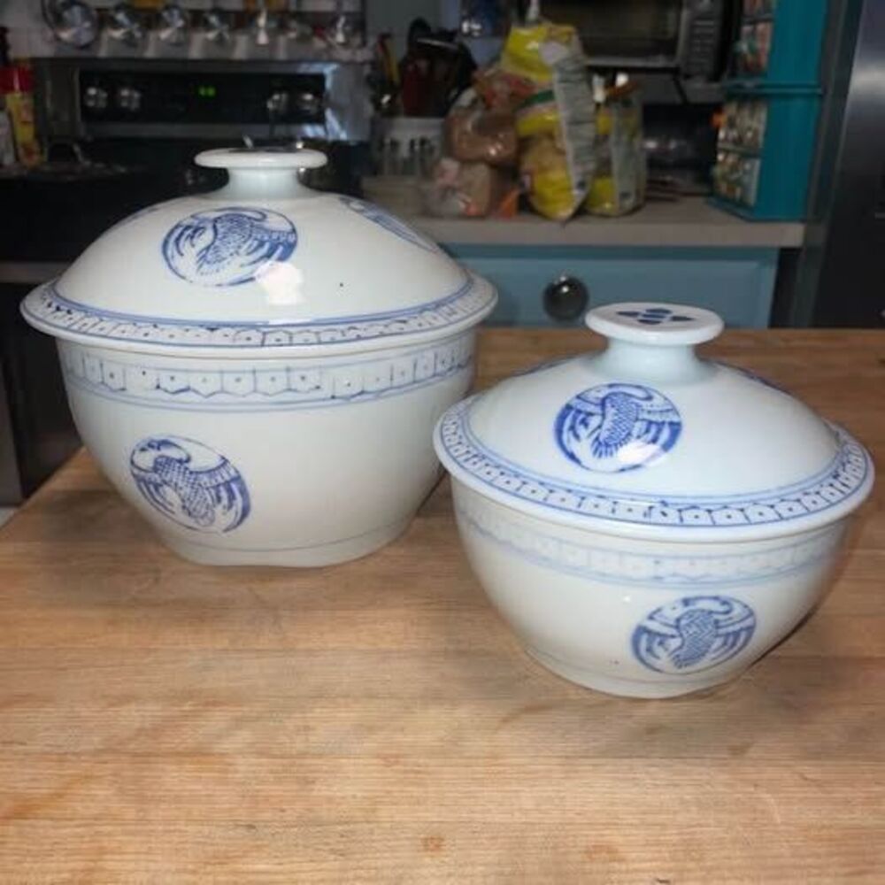 Vintage Blue and White Porcelain Lidded Bowls - Set of 2